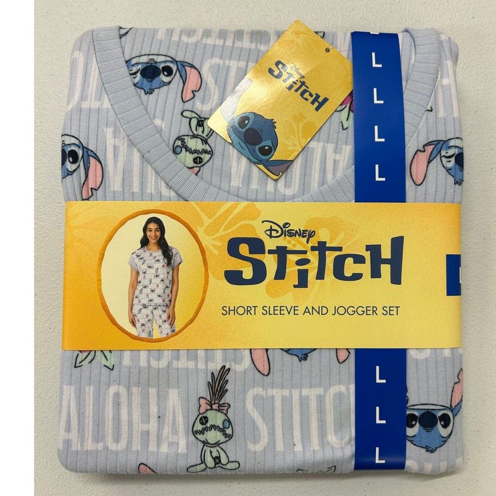 Disney Stitch Womens Pajama Set Blue Ribbed Short Sleeve Joggers L 12-14 1961336